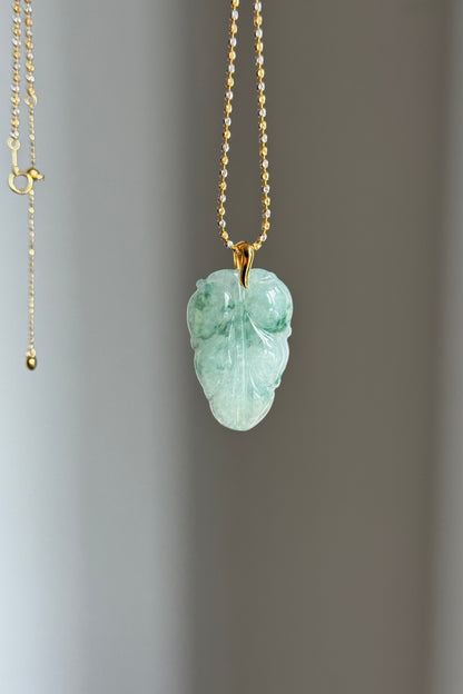 #P0545 "Leaf" Icy Green Flower Jadeite Jade 18K Yellow Gold Pendant