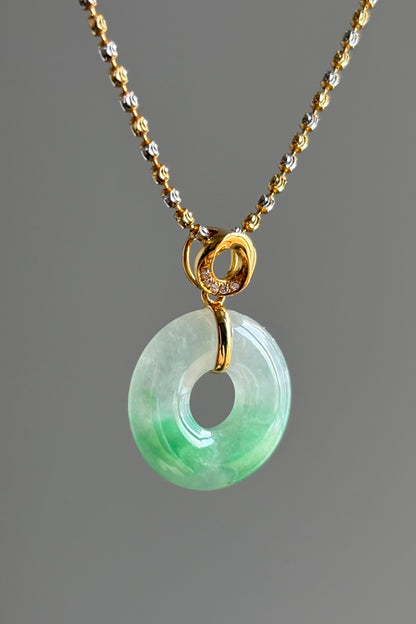 #P0464 "Bi" Icy Bright Sun Green Jadeite Jade Donut 18K Yellow Gold Pendant