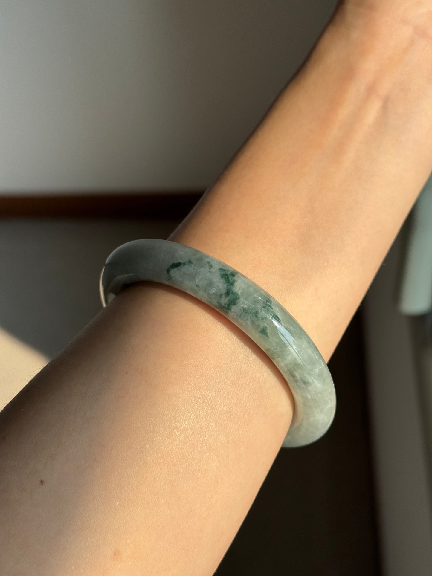 #0403 Icy Bluish Green Flower Jade Bangle Size 56.1 (fits up to 57.1)