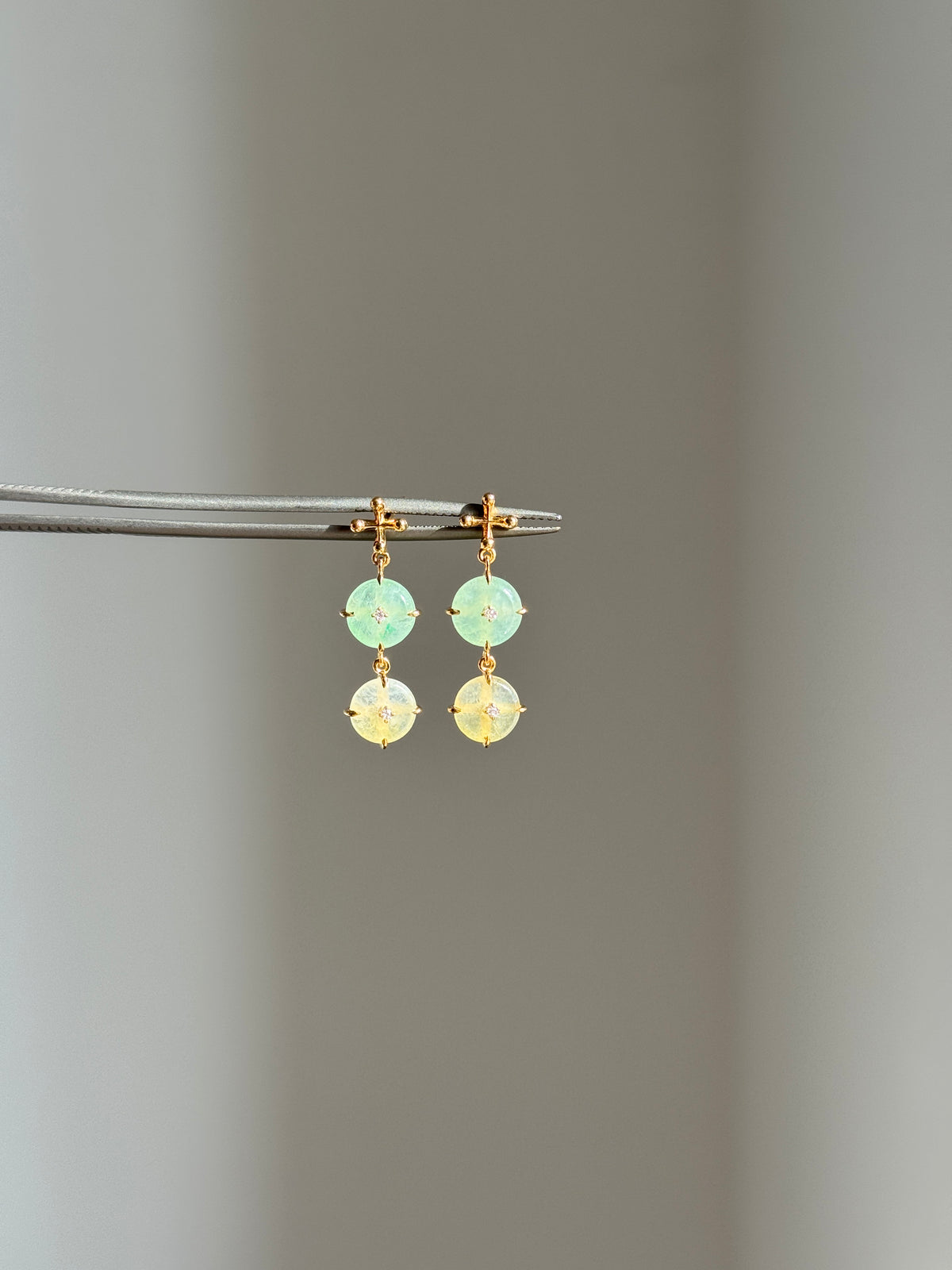 #E0307 "Blossom Bi" Highly Icy Green Jadeite Jade Donut Diamonds 18K Yellow Gold Earrings