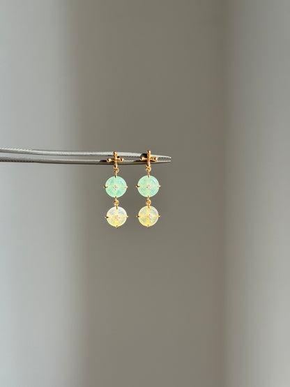 #E0307 "Blossom Bi" Highly Icy Green Jadeite Jade Donut Diamonds 18K Yellow Gold Earrings