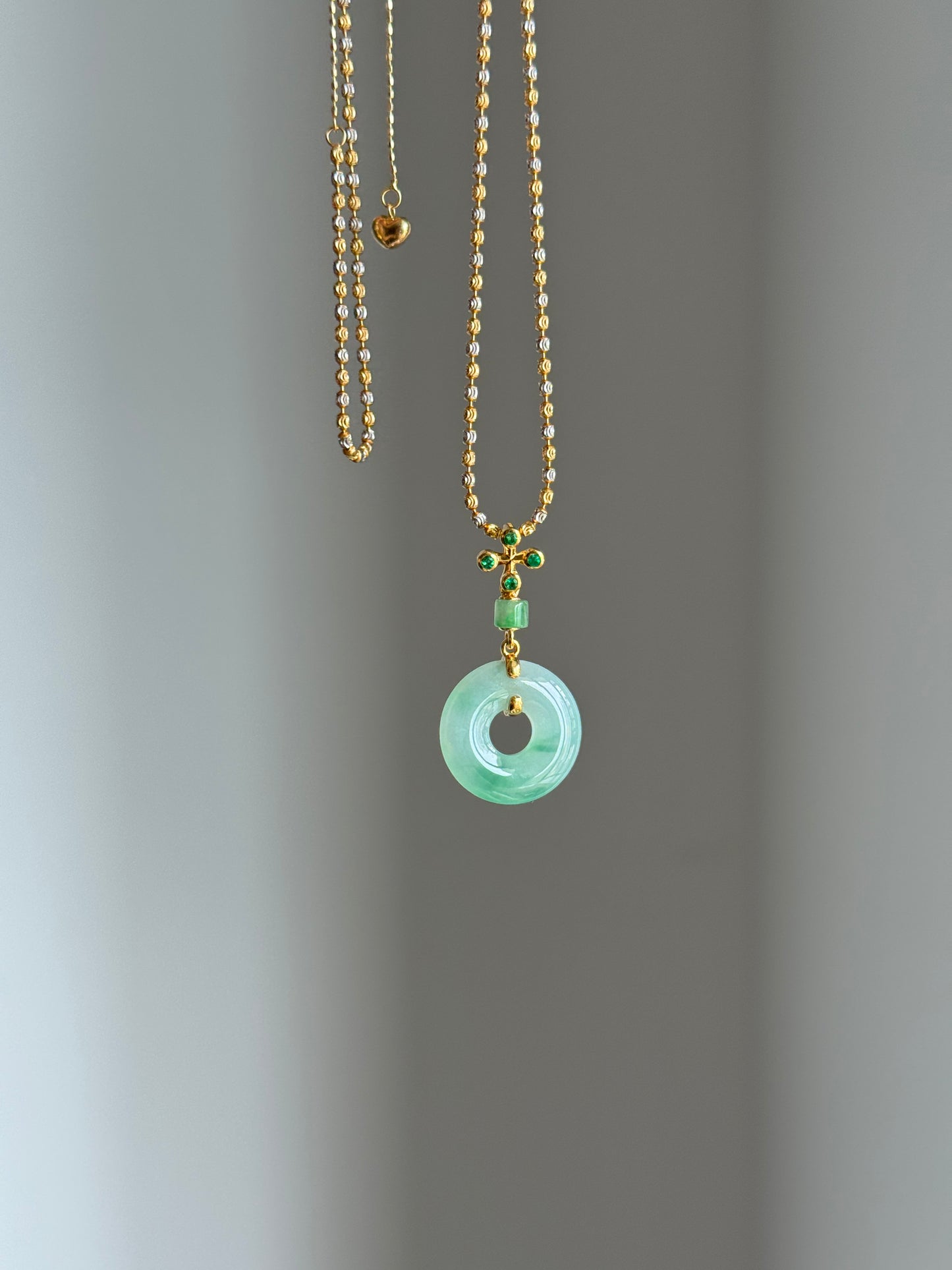 #P0541 "Bi" Icy Sun Green Jadeite Jade Donut 18K Yellow Gold Pendant