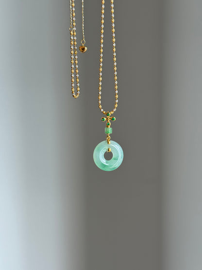 #P0541 "Bi" Icy Sun Green Jadeite Jade Donut 18K Yellow Gold Pendant