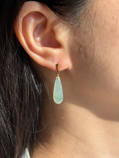 #E0304 "Water Drop" Icy Blue Green Jadeite Jade 18K Yellow Gold Earrings