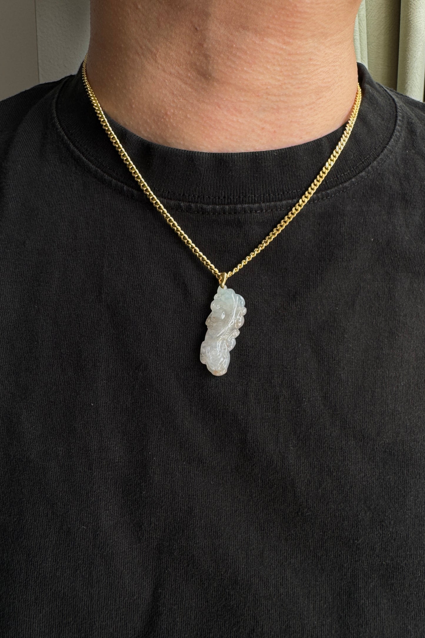 #P0552 "Chi Dragon" Icy Light Green Red Brown Flecks Jadeite Jade 18K Yellow Gold Pendant