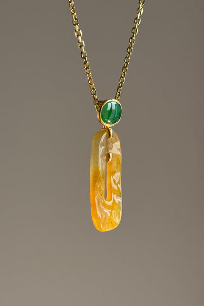 #P0538 "Retro Bi" Icy Golden Yellow Bi & Imperial Green Cabochon Jadeite Jade 18K Yellow Gold Pendant