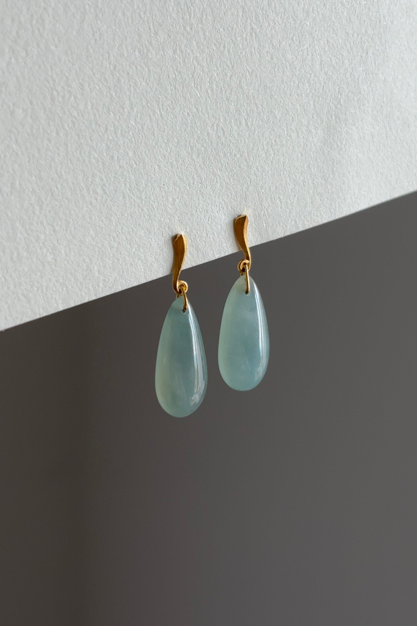 #E0305 "Water Drop" Icy Blue Green Jadeite Jade 18K Yellow Gold Earrings