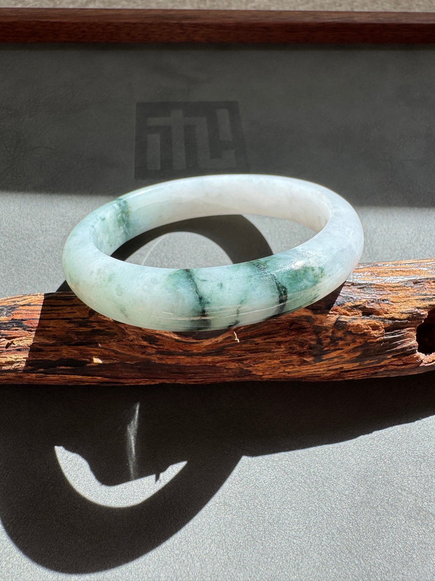 #0315 Icy Bluish Green Flower Jade Bangle Size 55.4