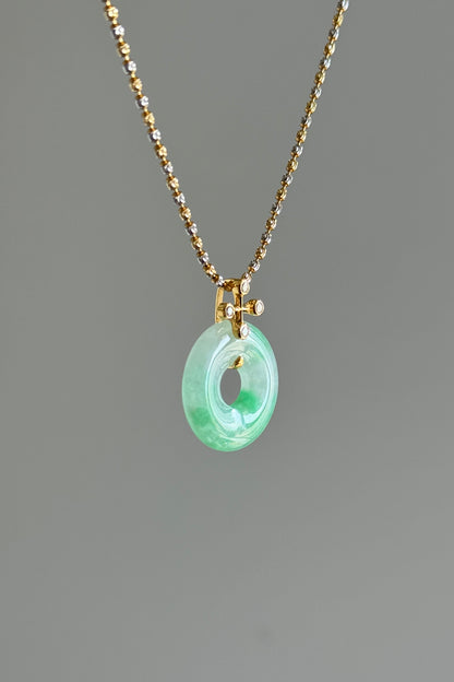 #P0498 "Bi" Icy Bright Sun Green Jadeite Jade Donut 18K Yellow Gold Pendant