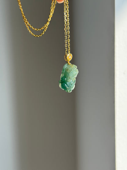 #P0542 "Pixiu" Icy Blue Water Green Jadeite Jade 18K Yellow Gold Pendant