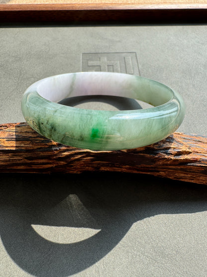 #0397 Icy Sun Green Flower Olive Green Light Lavender White Jade Bangle Size 57.6