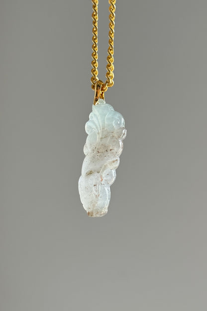 #P0552 "Chi Dragon" Icy Light Green Red Brown Flecks Jadeite Jade 18K Yellow Gold Pendant