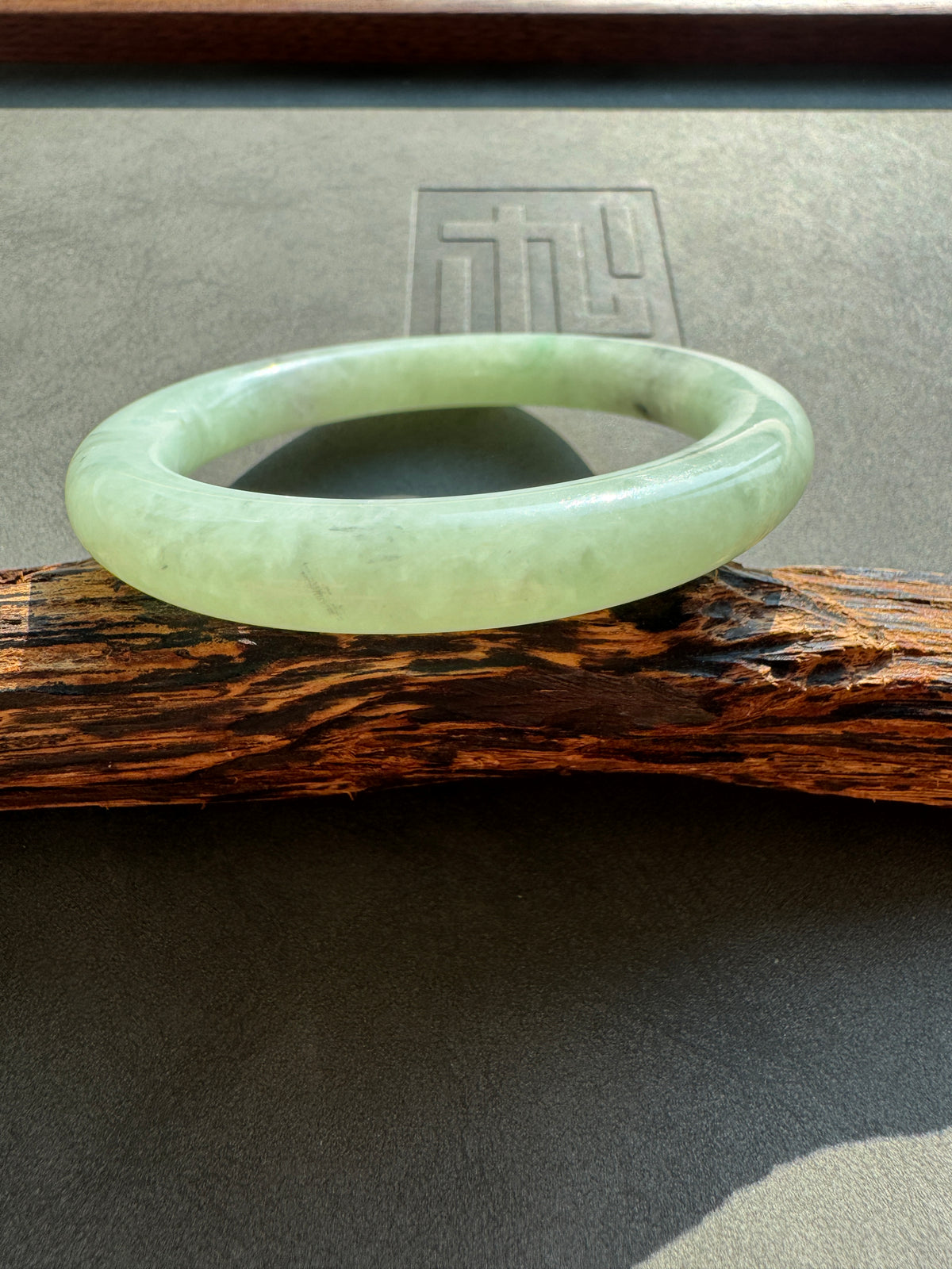 #0441 Icy Green Ink Round Jade Bangle Size 52.6 (fits up to 53.6)