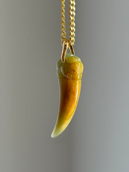 #P0560 "Dragon's Fang" Golden Yellow Green Jadeite Jade 18K Yellow Gold Pendant