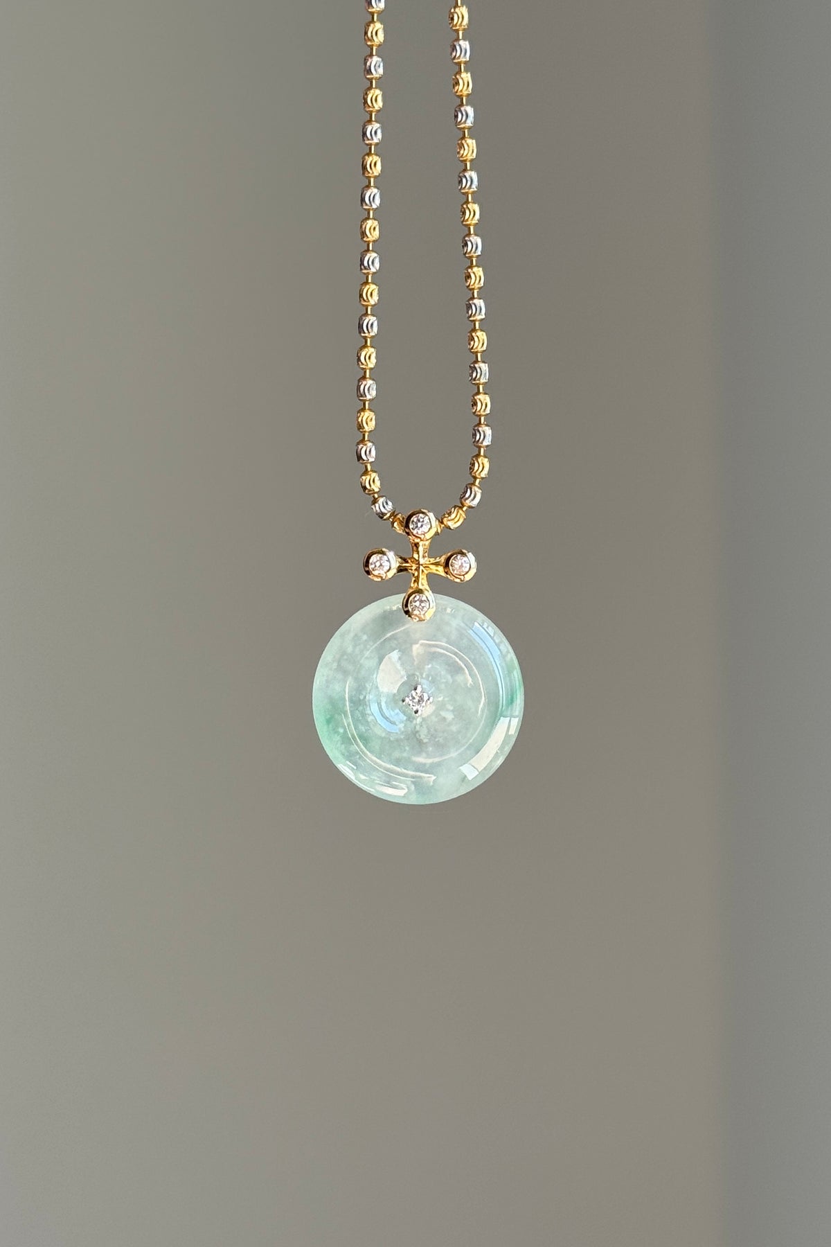 #P0571 "Blossom Bi" Highly Icy White Sun Green Jadeite Jade Donut 18K Yellow Gold Pendant