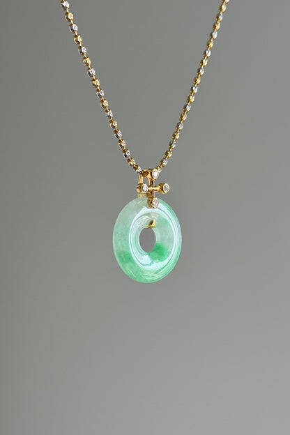 #P0498 "Bi" Icy Bright Sun Green Jadeite Jade Donut 18K Yellow Gold Pendant