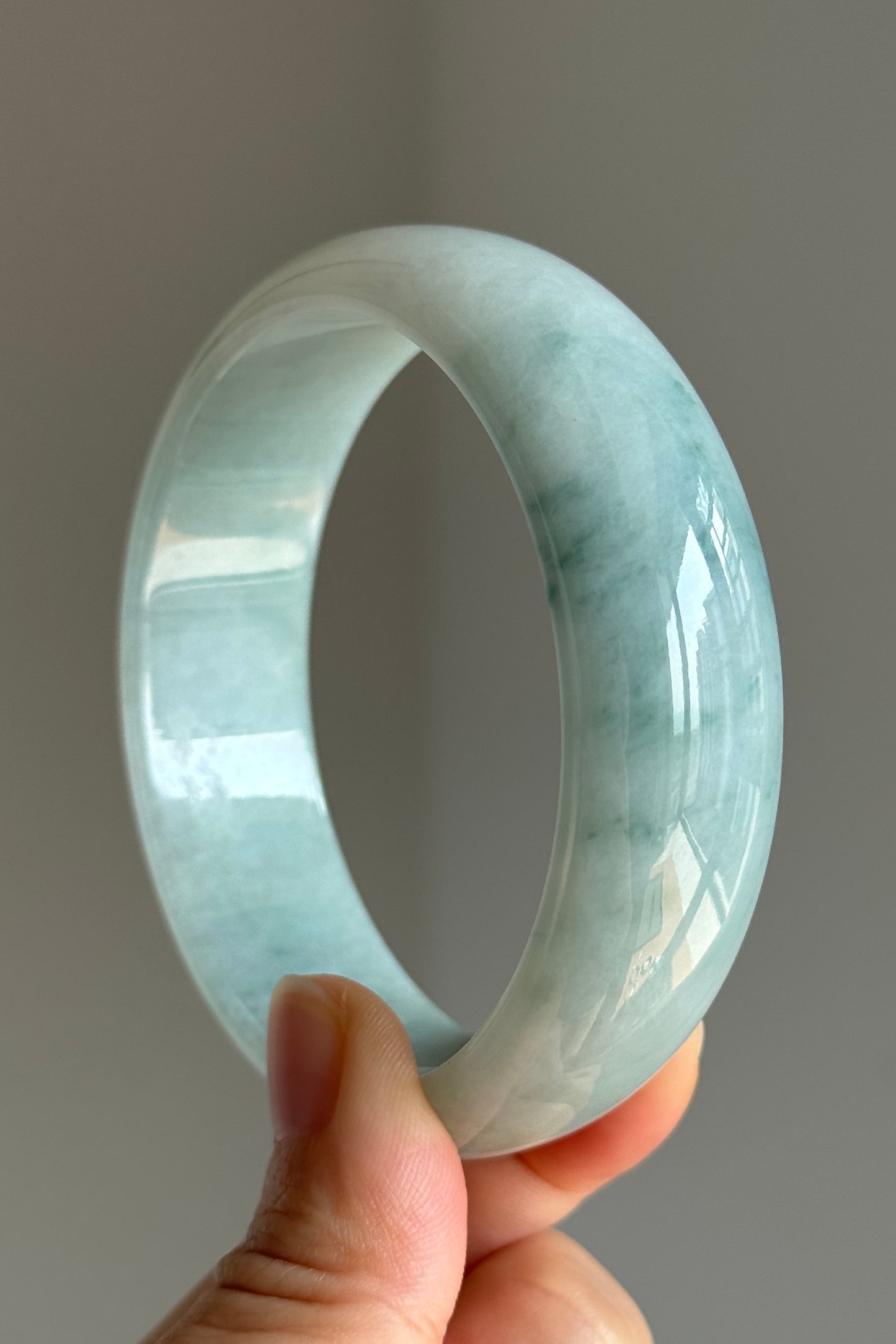 #0384 Icy Bluish Green Flower Wide Jade Bangle Size 61.7