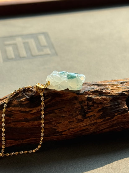 #P0547 "Pixiu" Icy Blue Flower Jadeite Jade 18K Yellow Gold Pendant