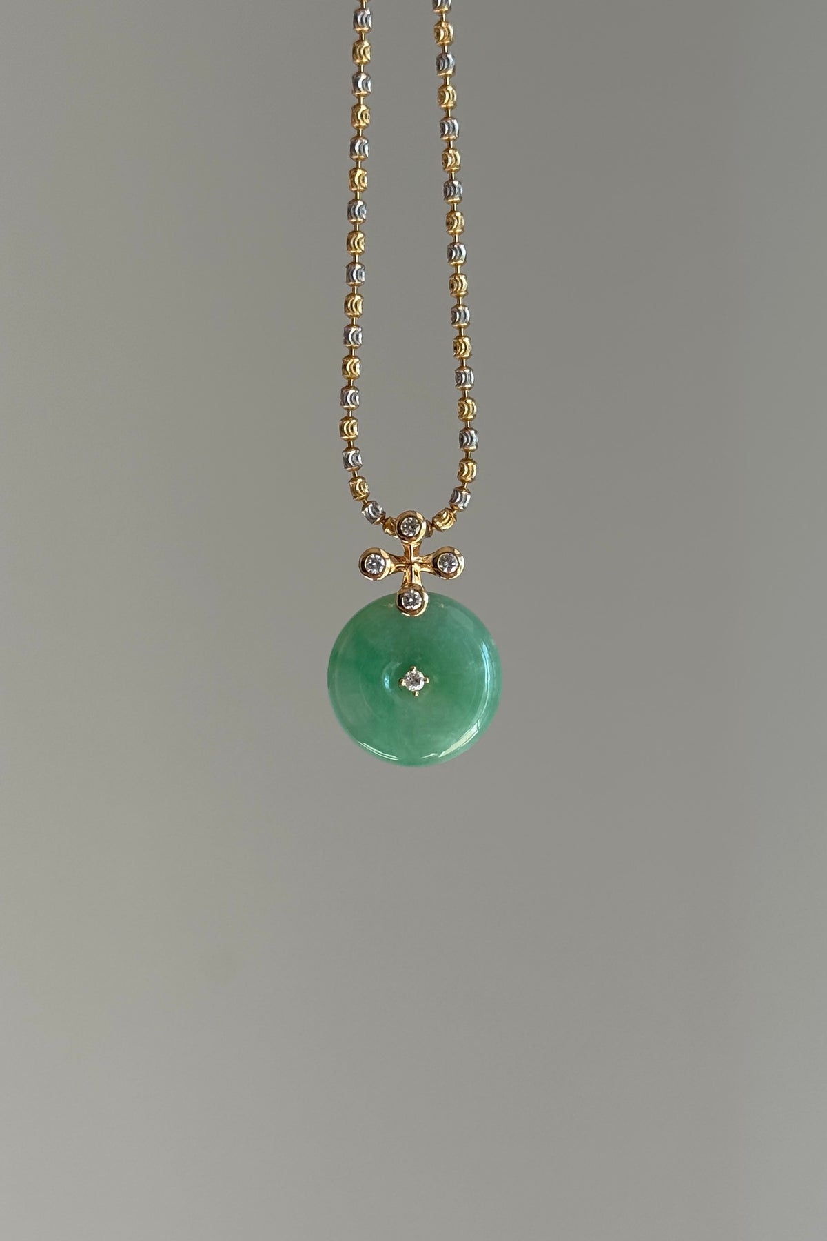 #P0570 "Blossom Bi" Icy Sun Green Jadeite Jade Donut 18K Yellow Gold Pendant