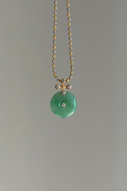 #P0570 "Blossom Bi" Icy Sun Green Jadeite Jade Donut 18K Yellow Gold Pendant