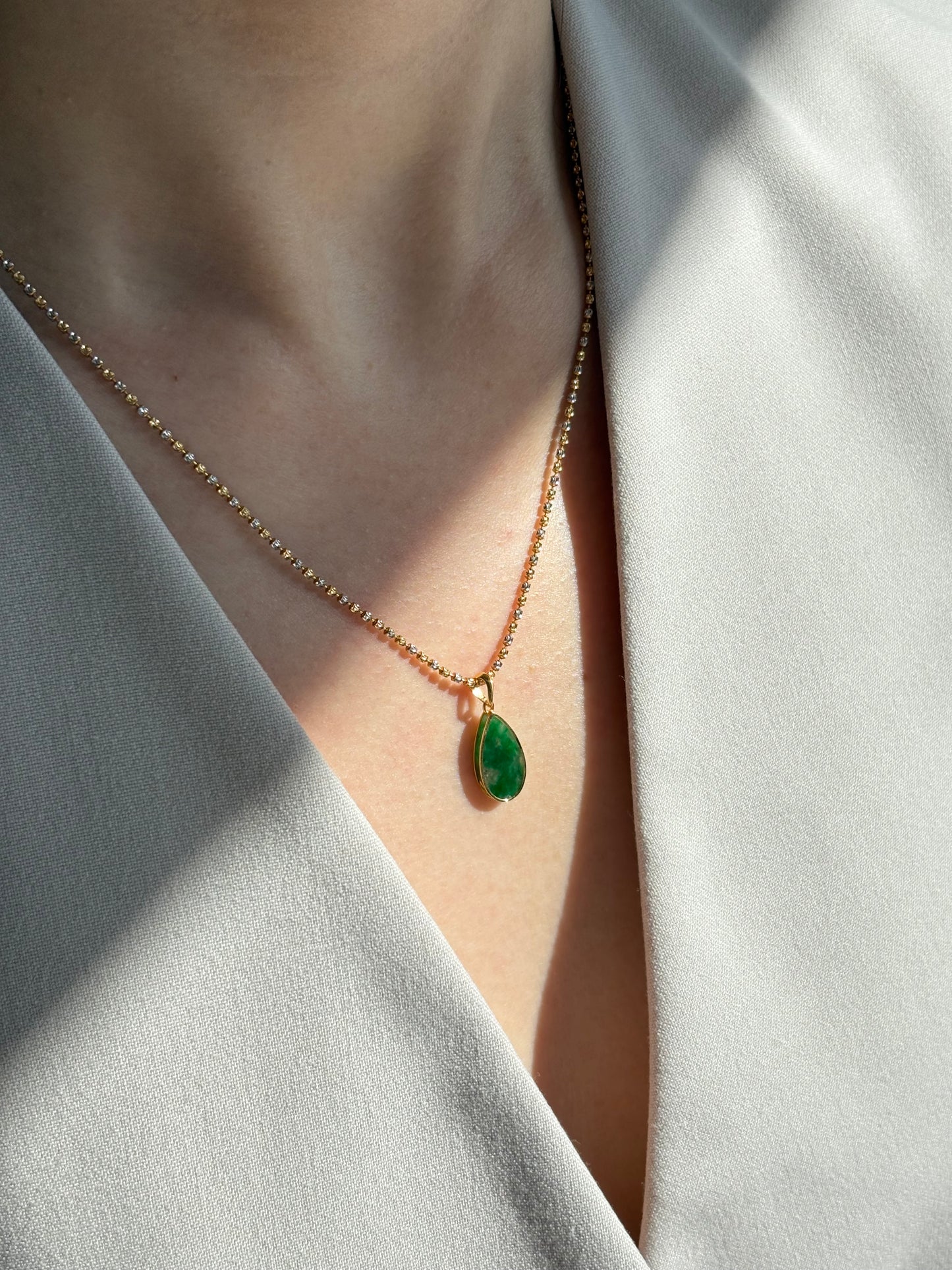 #0466 "Water Drop" Icy Imperial Green Jadeite Jade 18K Yellow Gold Pendant