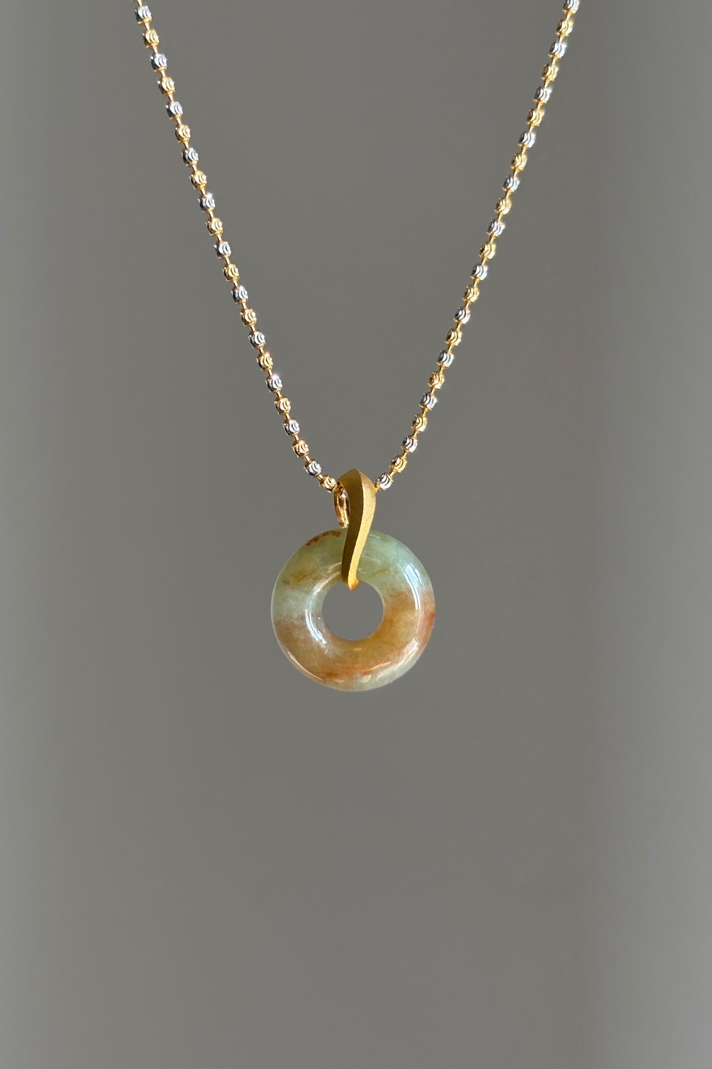 #P0524 "Bi" Icy Yellow Red Flower Jadeite Jade Donut 18K Yellow Gold Pendant