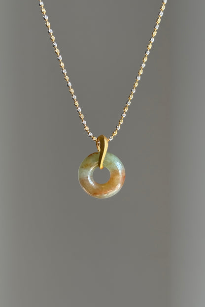 #P0524 "Bi" Icy Yellow Red Flower Jadeite Jade Donut 18K Yellow Gold Pendant