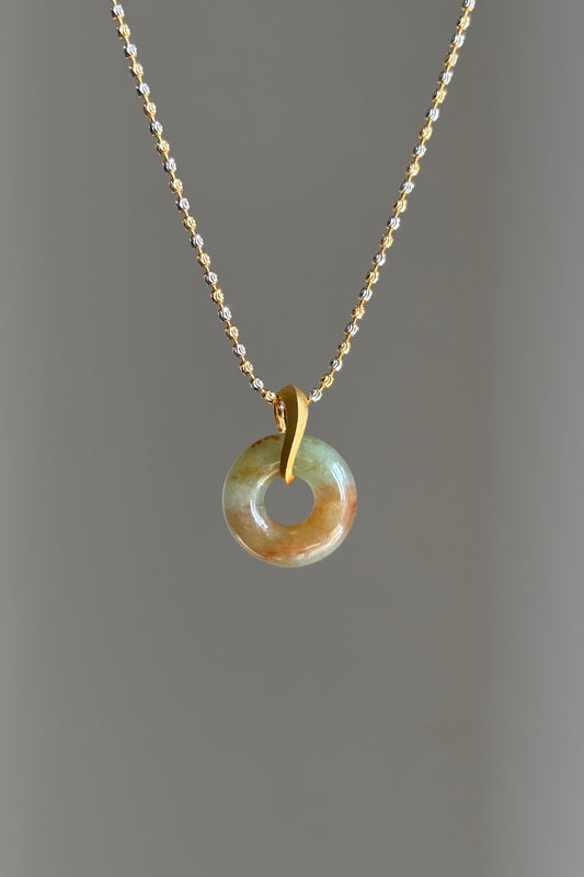 #P0524 "Bi" Icy Yellow Red Flower Jadeite Jade Donut 18K Yellow Gold Pendant