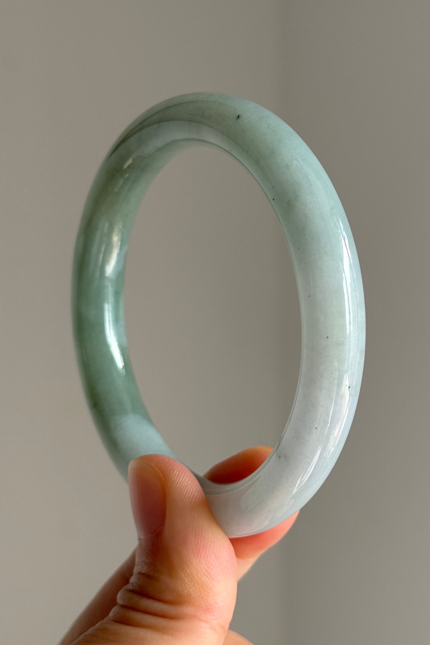 #0381 Icy Lotus Green White Jade Bangle Size 54.7 (fits up to 56.7)