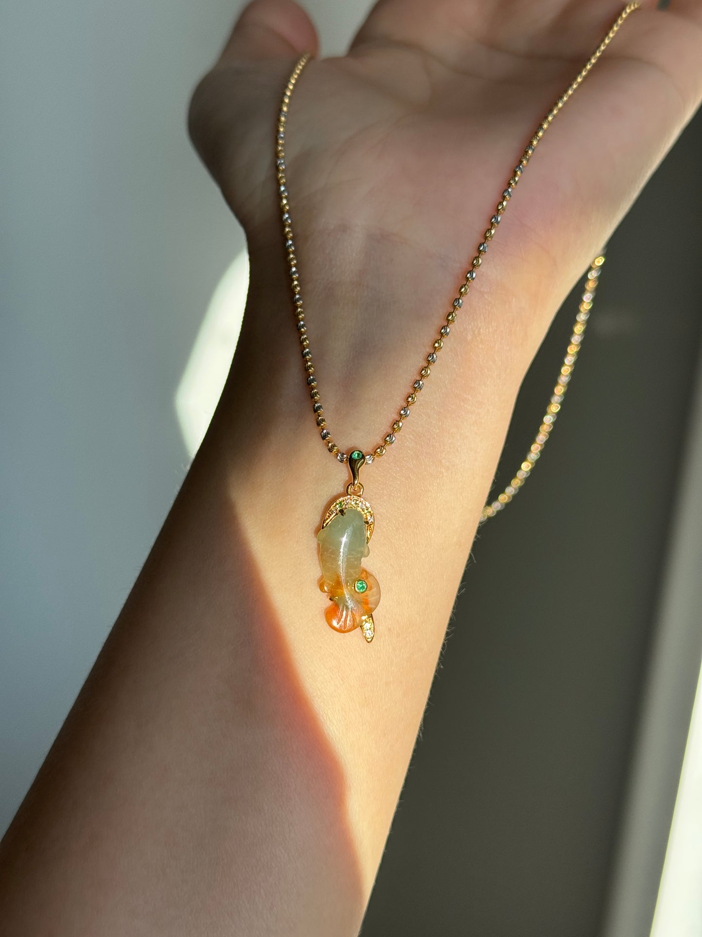 #P0562 "Goldfish" Icy Orange Red Jadeite Green Jade 18K Yellow Gold Pendant