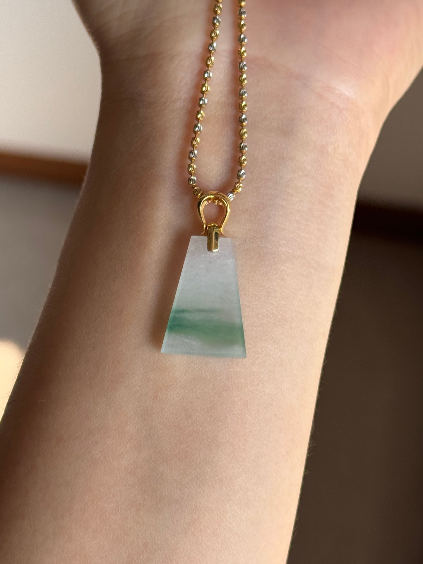 #P0518 "Wushi/Peace" Icy Sun Green White Jadeite Jade Peace 18K Yellow Gold Pendant
