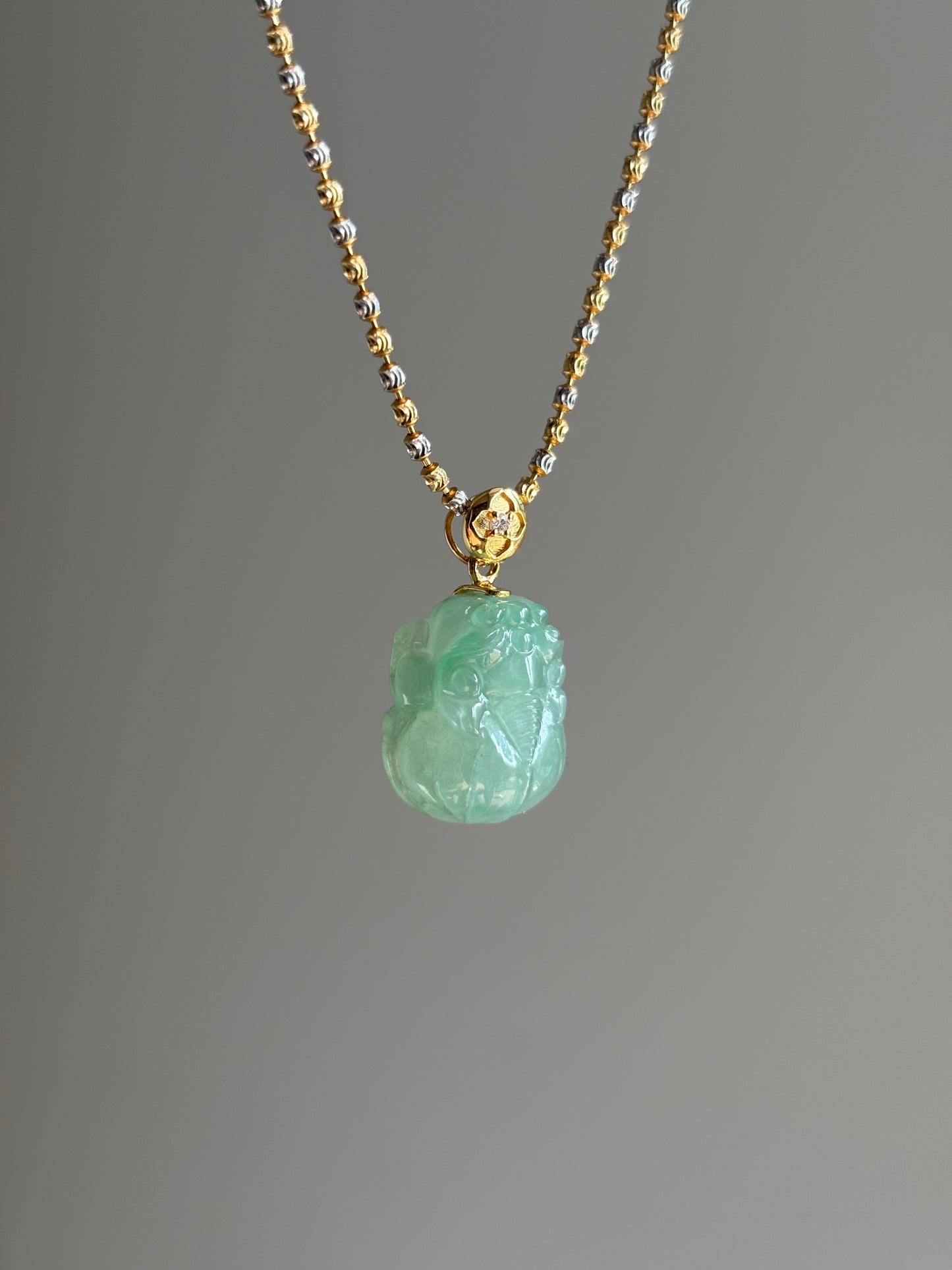 #P0522 "Pixiu" Icy Green Jadeite Jade 18K Yellow Gold Pendant