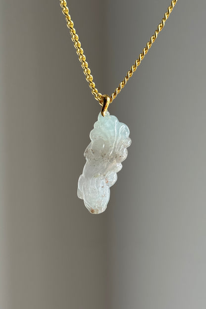 #P0552 "Chi Dragon" Icy Light Green Red Brown Flecks Jadeite Jade 18K Yellow Gold Pendant