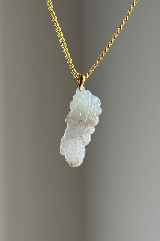 #P0552 "Chi Dragon" Icy Light Green Red Brown Flecks Jadeite Jade 18K Yellow Gold Pendant