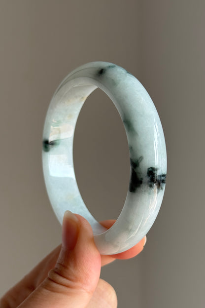 #0402 White Green Ink Flower Jade Bangle Size 56.5