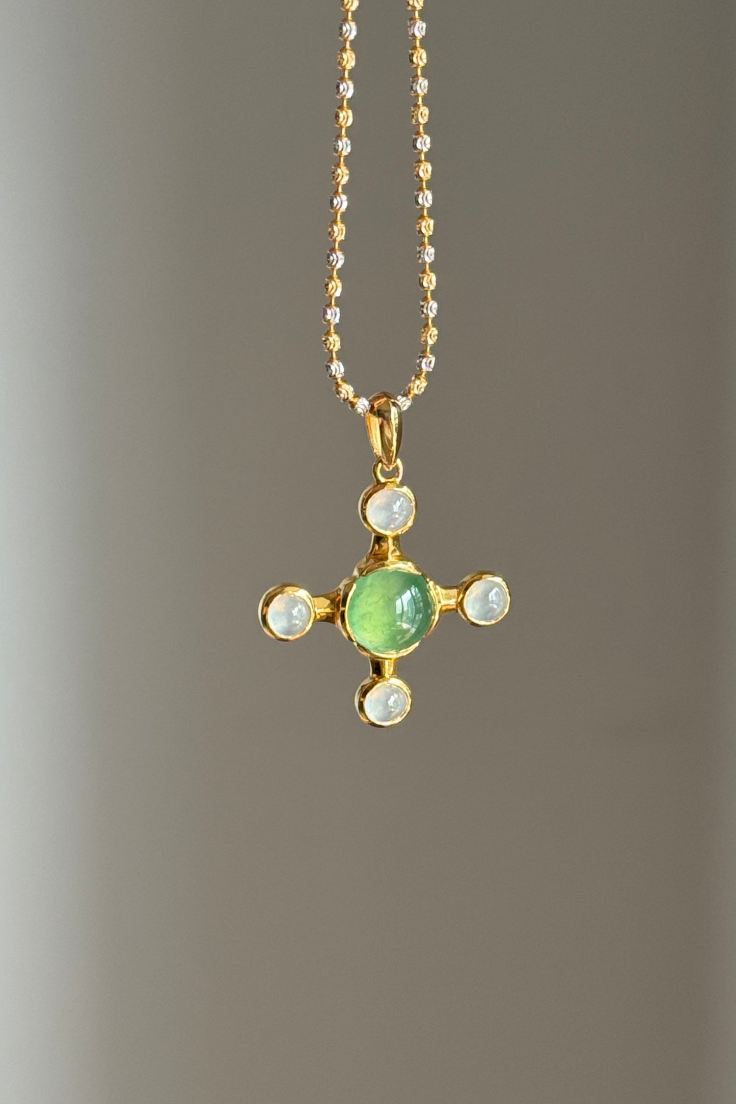 #P0551 "Blossom Cross" Highly Icy Sun Green & White Cabochon Jadeite Jade 18K Yellow Gold Pendant