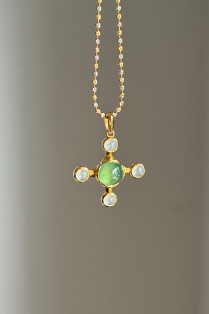 #P0551 "Blossom Cross" Highly Icy Sun Green & White Cabochon Jadeite Jade 18K Yellow Gold Pendant