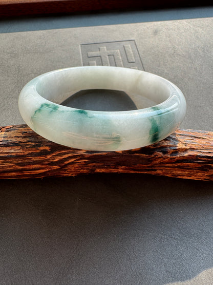 #0456 Icy Bluish Green Flower Jade Bangle Size 57.8