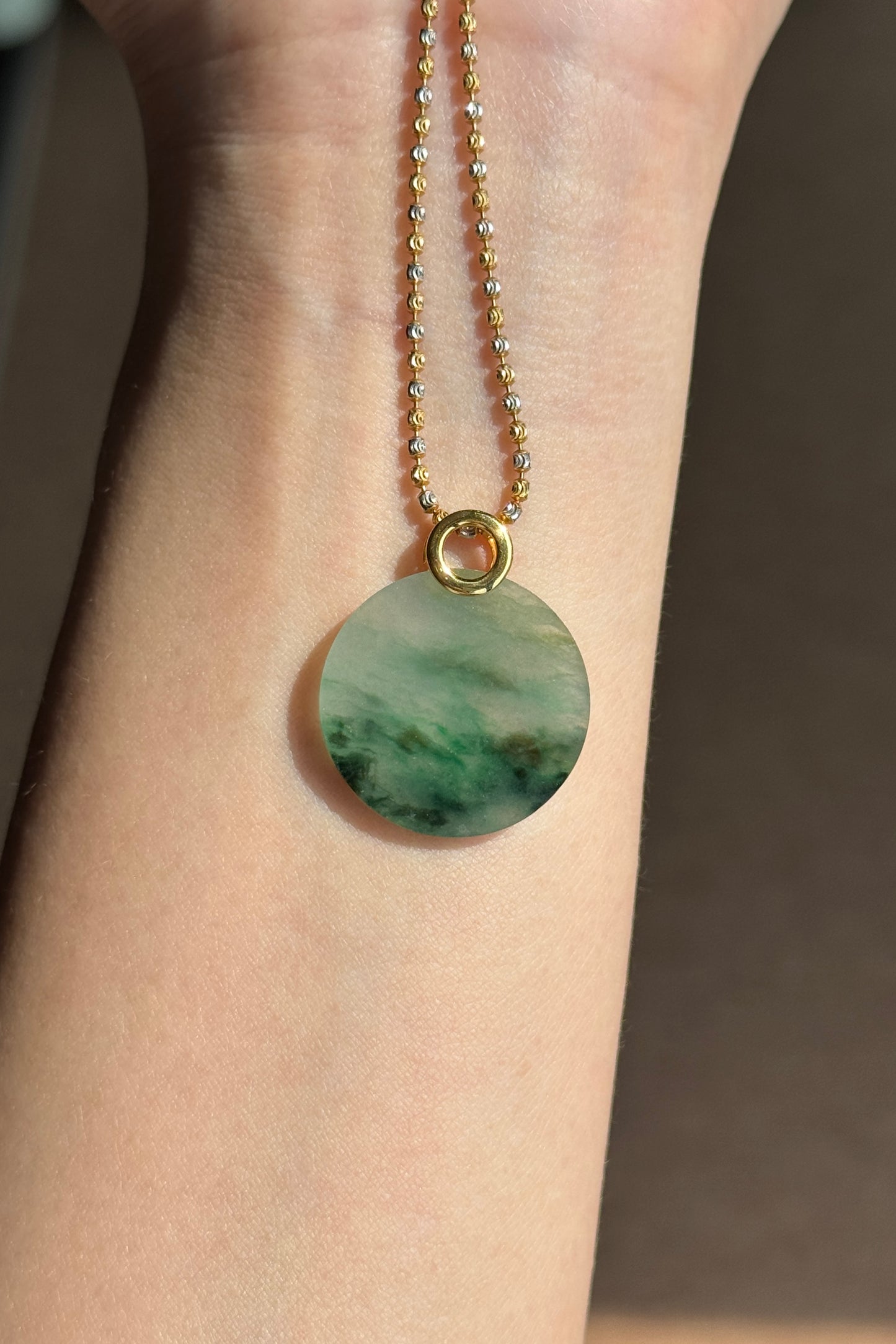 #P0503 "Wushi/Peace" Icy Sun Green Yellow Jadeite Jade Peace 18K Yellow Gold Pendant