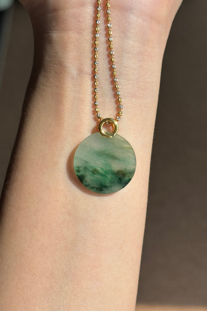 #P0503 "Wushi/Peace" Icy Sun Green Yellow Jadeite Jade Peace 18K Yellow Gold Pendant