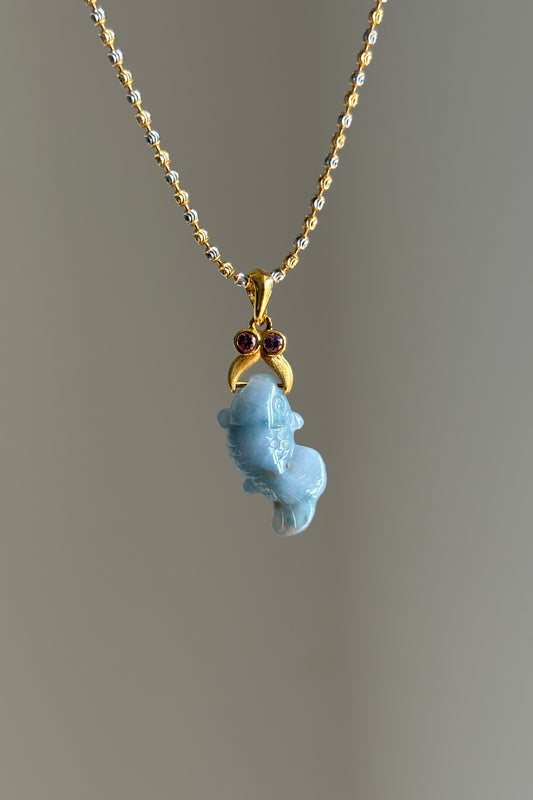 #P0520 "Monet Goldfish" Icy Rich Lavender Green Red Flower Jadeite Jade 18K Yellow Gold Pendant