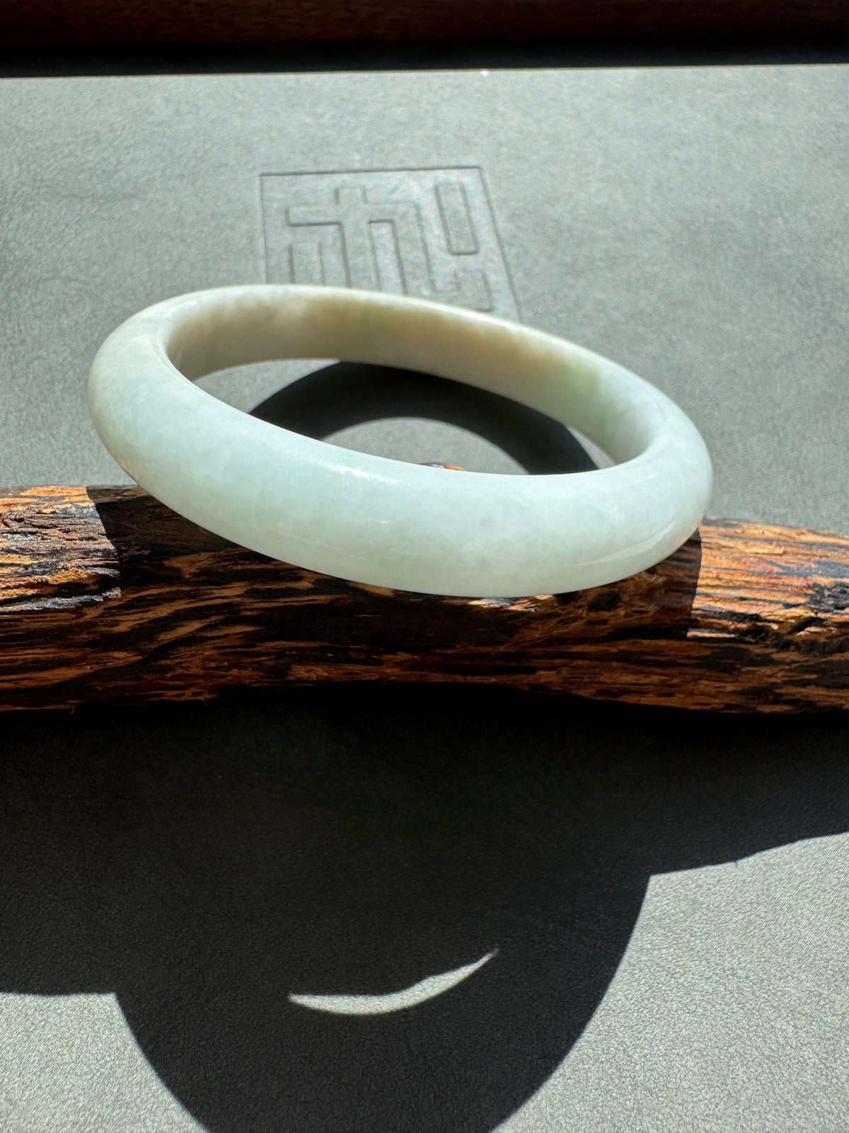 #0449 White Light Green Jade Bangle Size 53.7