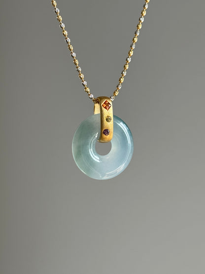#P0544 "Bi" Icy Blue Green Jadeite Jade Donut 18K Yellow Gold Pendant