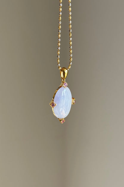#P0536 Icy Vivid Lavender Jadeite Jade Cabochon 18K Yellow Gold Pendant