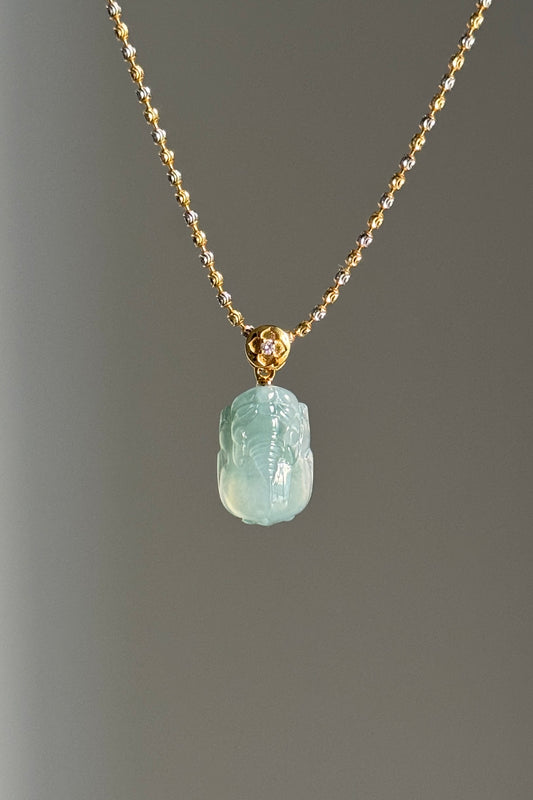 #P0496 "Pixiu" Icy Blue Green Jadeite Jade 18K Yellow Gold Pendant