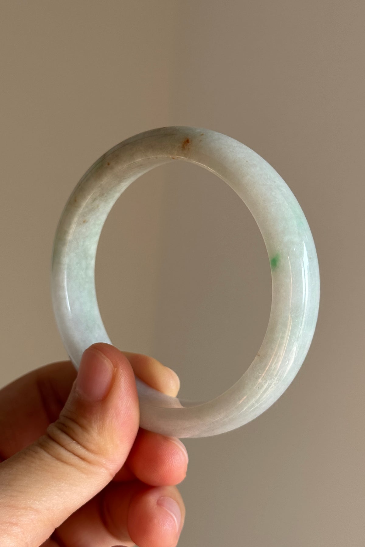 #0455 Light Green With Red & Vivid Green Spots Jade Bangle Size 55.7