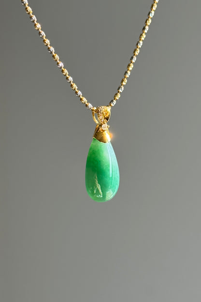 #P0501 "Water Drop" Icy Rich Green Jadeite Jade 18K Yellow Gold Pendant