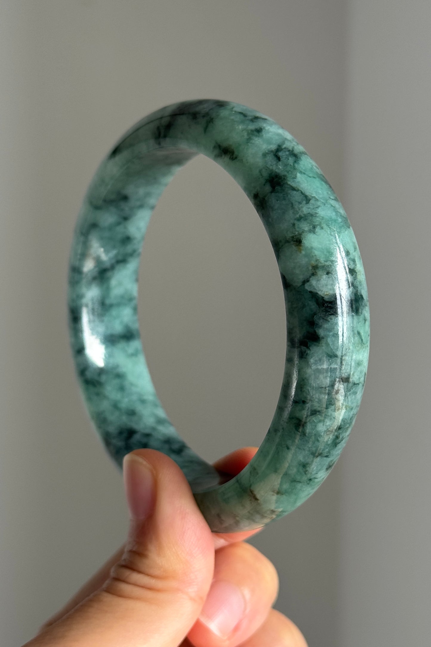 #0369 Rich Forest Green Ink Flower Jade Bangle Size 62.5