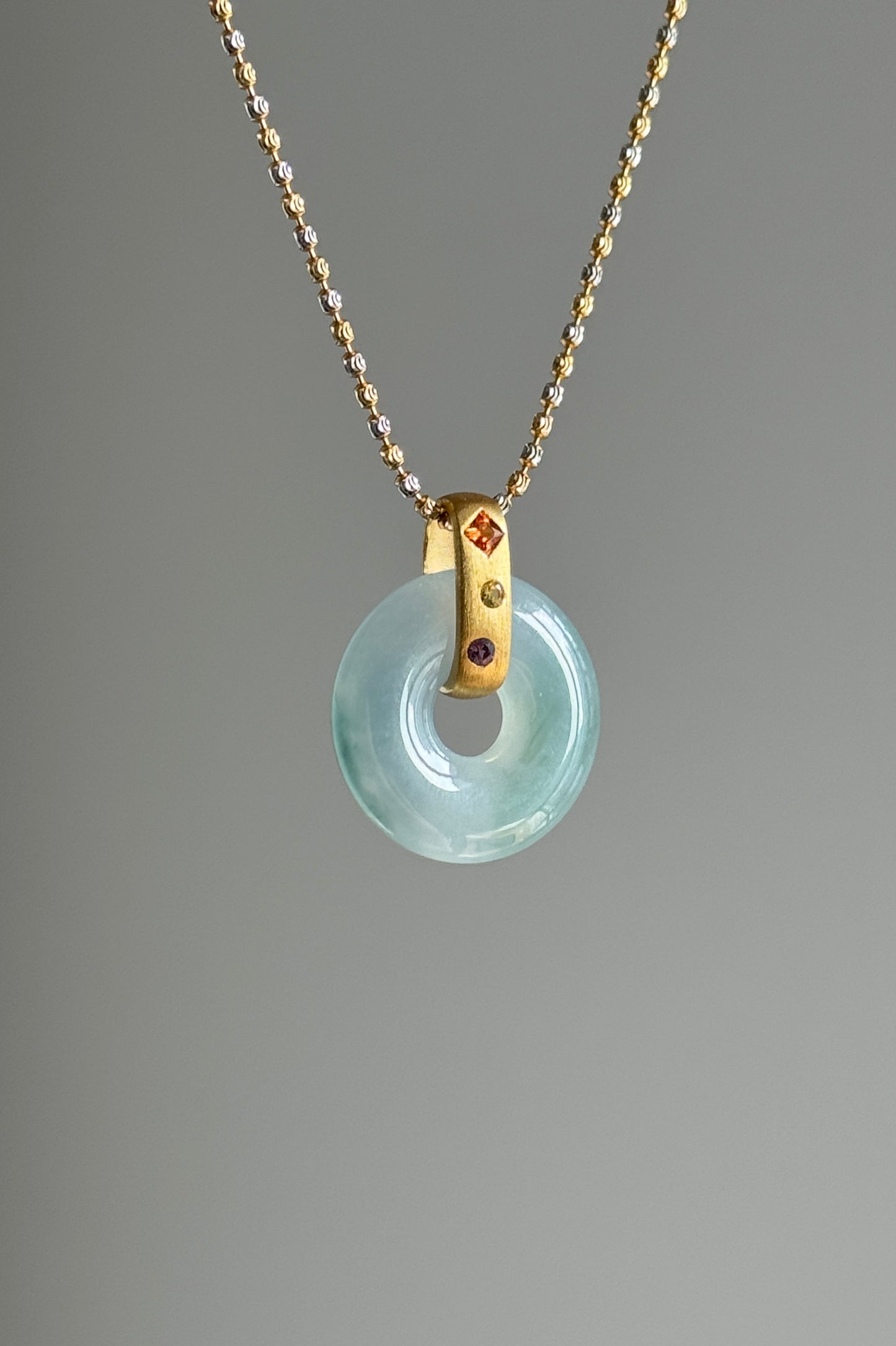 #P0544 "Bi" Icy Blue Green Jadeite Jade Donut 18K Yellow Gold Pendant