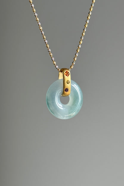 #P0544 "Bi" Icy Blue Green Jadeite Jade Donut 18K Yellow Gold Pendant